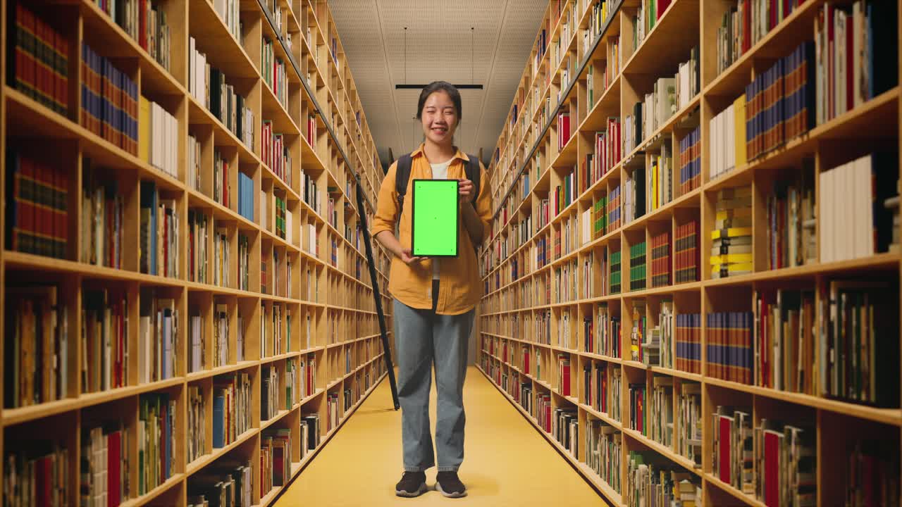 cuerpo lleno de estudiante mujer asiática con una mochila sonriendo y mostrando la tableta de pantalla verde a la cámara mientras estaba de pie en la biblioteca