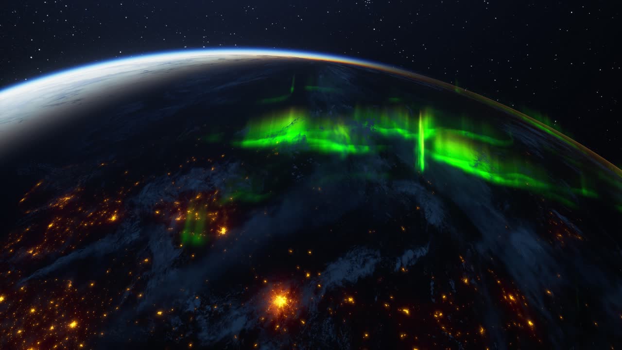 Earth at Night with Aurora Borealis
