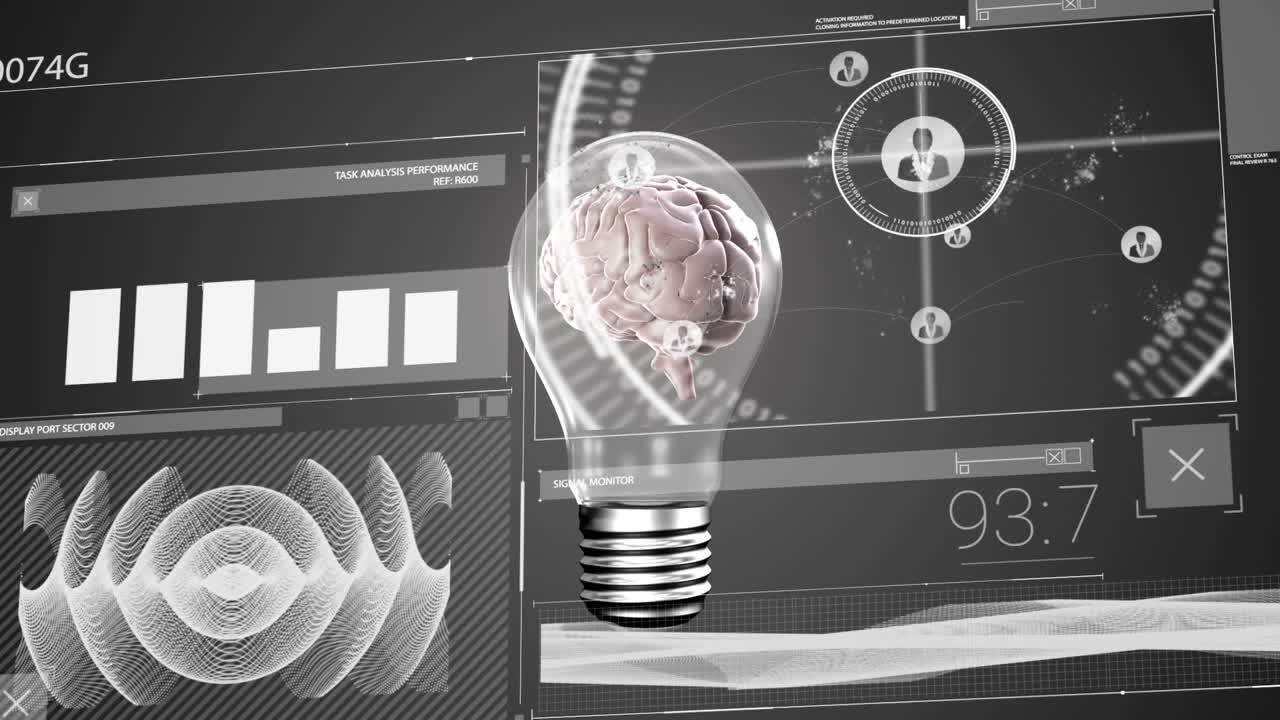 Animation of data processing over spinning brain in lightbulb on gray background