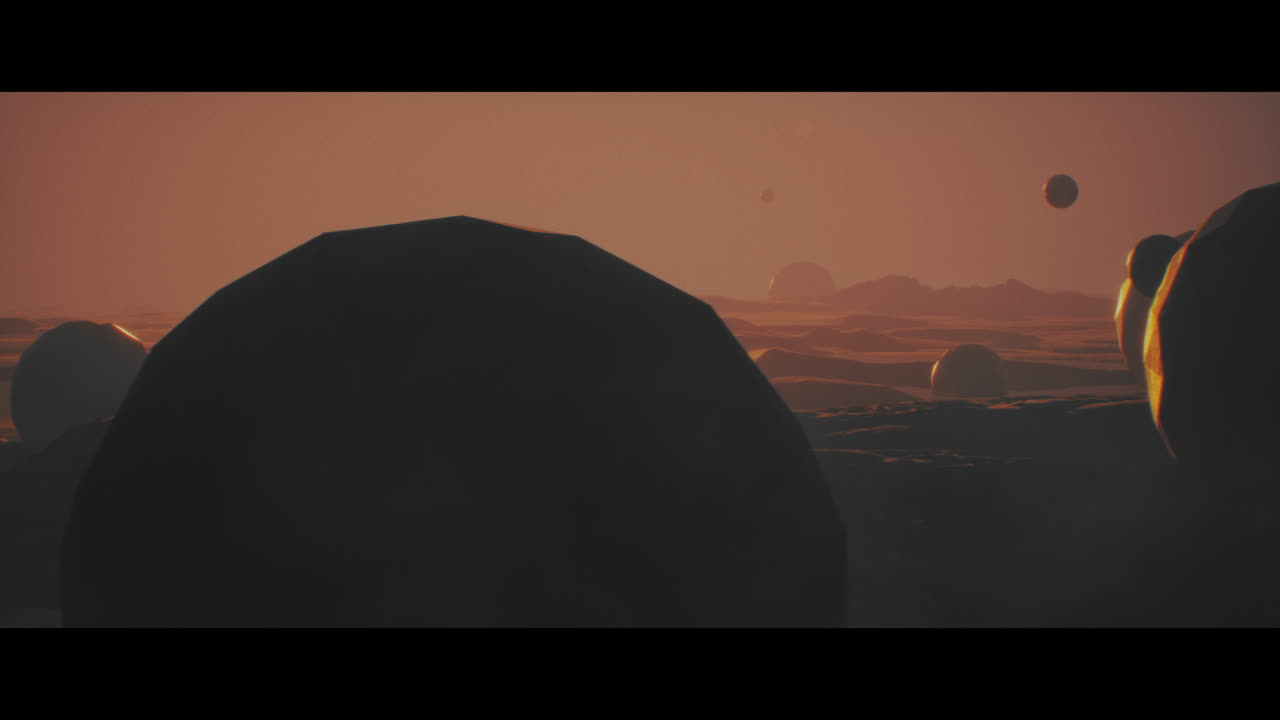 Alien planet desert landscape during sunset with strange sphere-shaped buildings