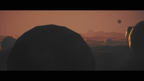 alien planet desert landscape during sunset with strange sphere-shaped buildings