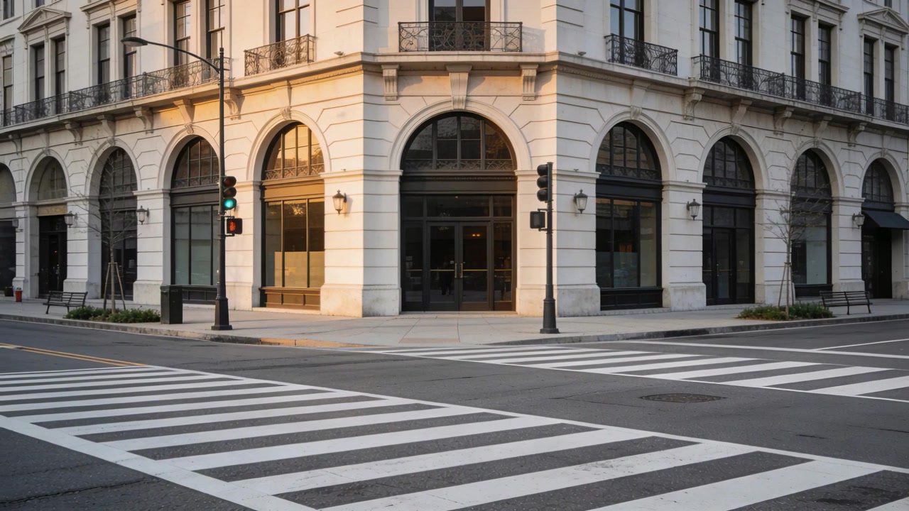 Mostrando un edificio angolare in pietra che si illumina con il sole che si sposta nel centro città, semaforo verde, strisce pedonali