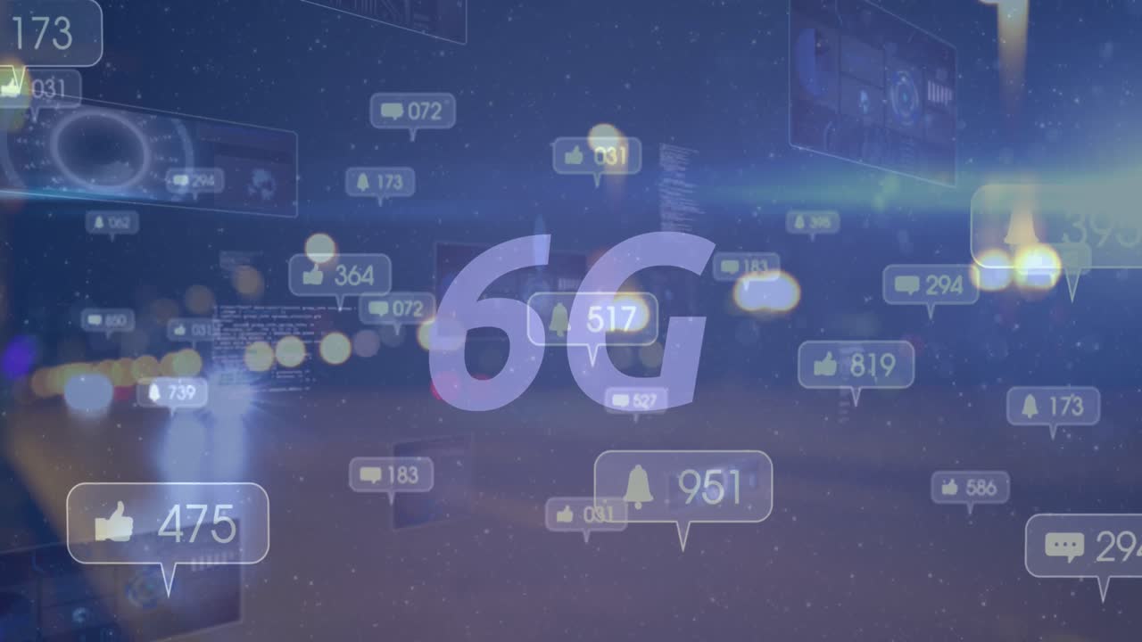 6g 텍스트의 애니메이션, 데이터 처리에 대한 배너에 대한 소셜 미디어 아이콘