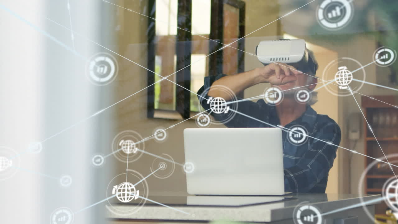 animación de la red de conexiones con iconos sobre el hombre que usa auriculares vr