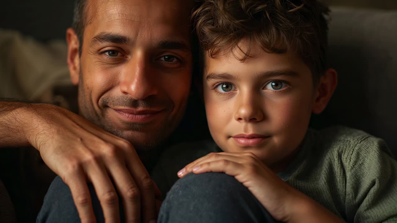 Closing eyes, child wearing green knit sweater leaning toward adult male on sofa, seeking comfort