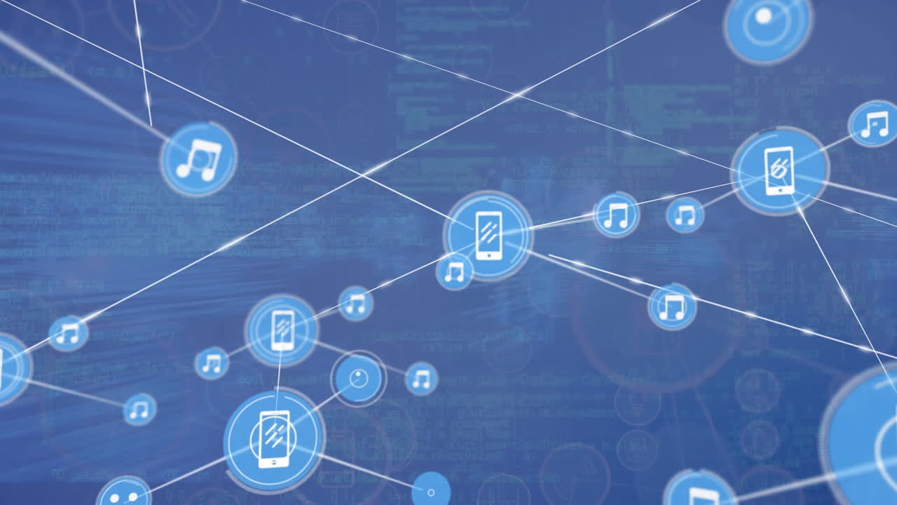 Animation of network of connections with digital icons and data processing on blue background