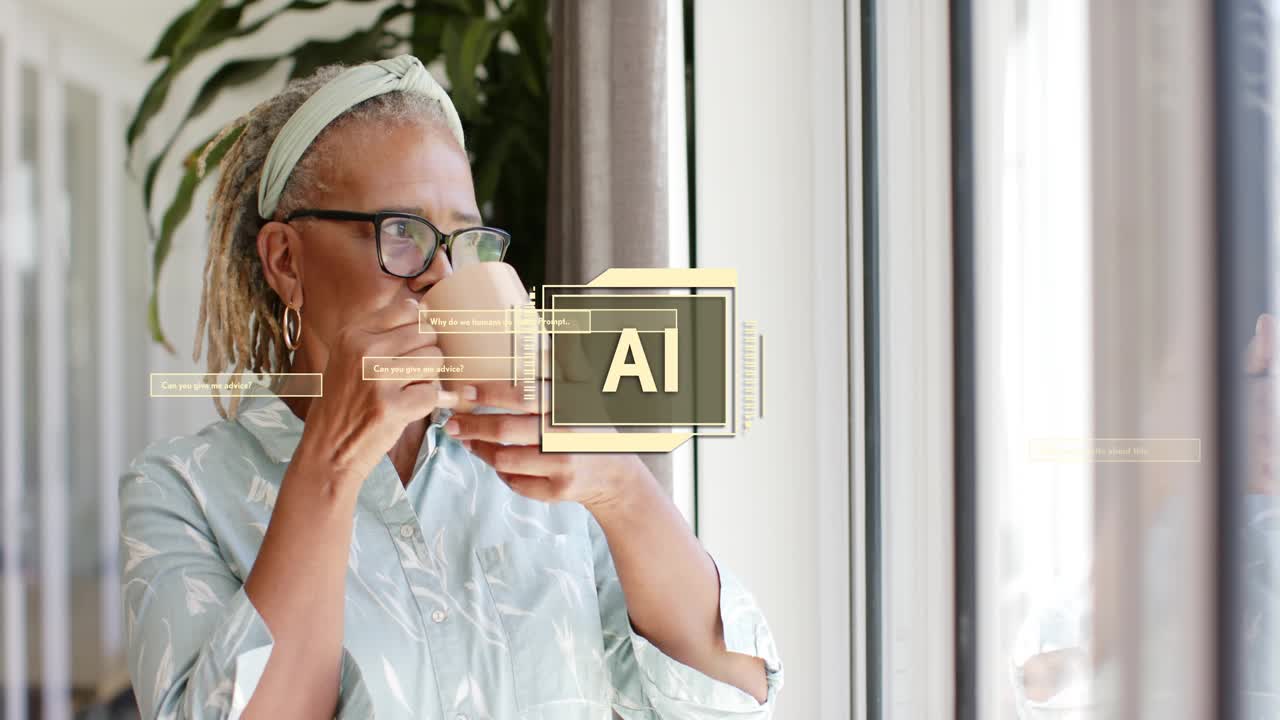 Senior woman lifting mug, sipping at window, AI overlay drifting obscuring mug guiding gaze outside