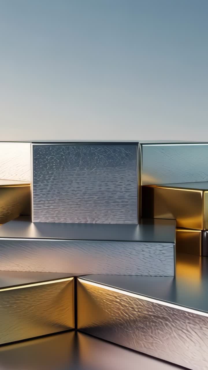 Vertical video: Sliding silver block starting docking golden prism in 3D scene, forming platform
