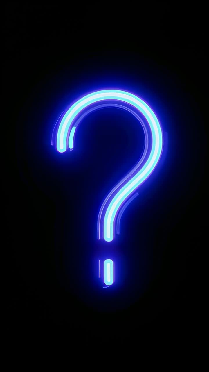Vertikal video: Første billede viser et pulserende neon-spørgsmålstegn på sort lærred, der inviterer til forespørgsel