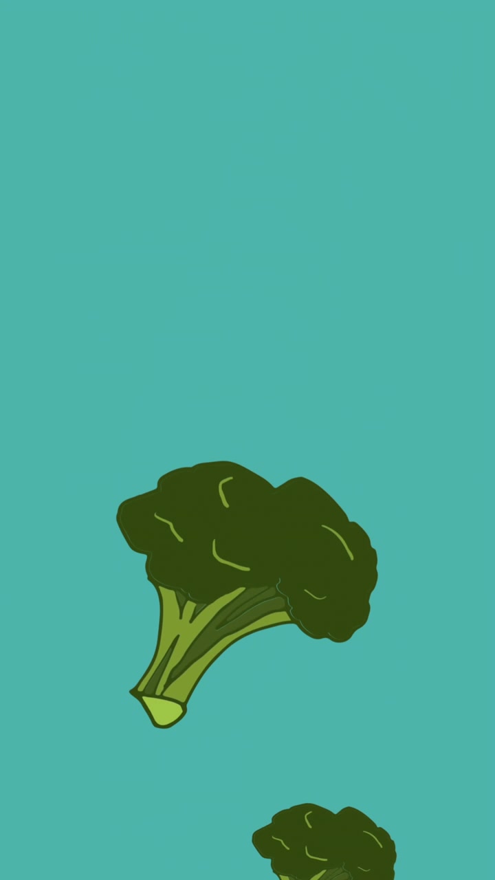 Animazione di cimette di broccoli verdi che cadono su sfondo blu