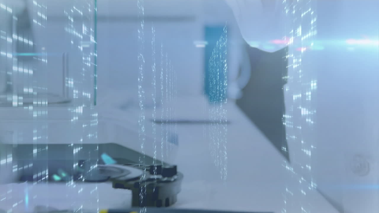 Digital data processing animation overlaying scientific equipment on laboratory table