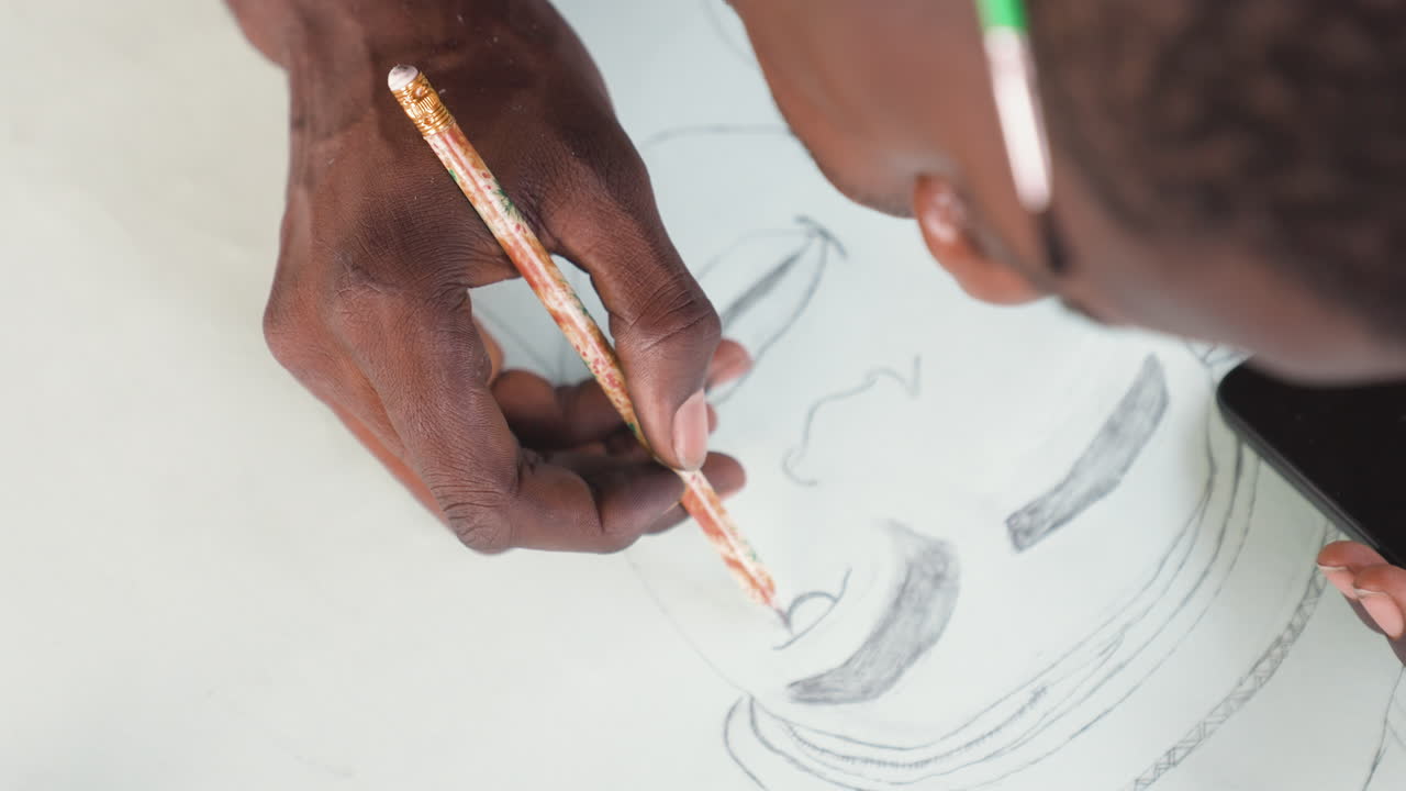 Detailed face sketch. Intricate drawing focusing on male facial features using shading techniques. Artistic representation capturing detailed male facial contours through fine ink and shading