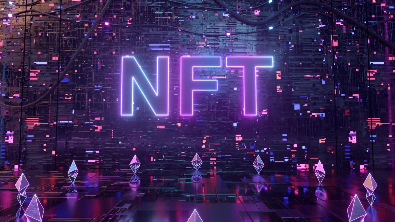scena nft con illuminazione al neon e arte cripto