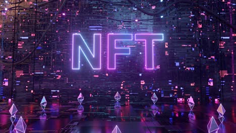 escena nft con iluminación de neón y arte criptográfico