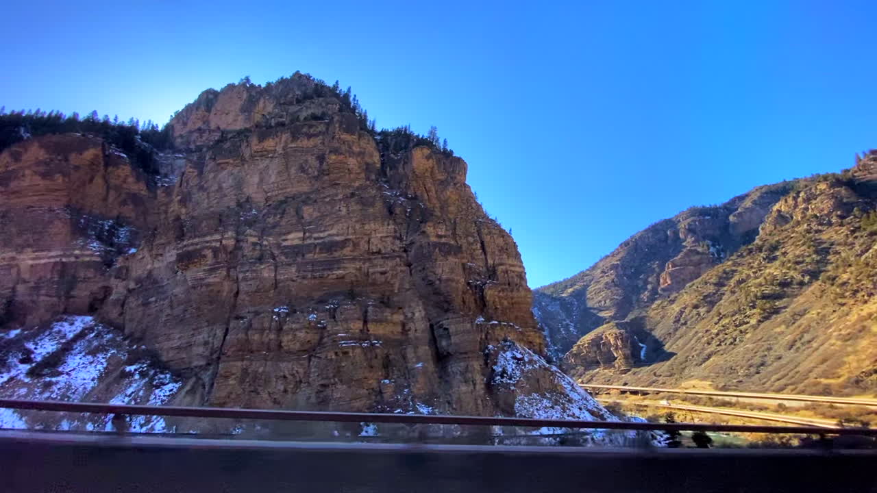 Driving through the Colorado mountains in the winter.