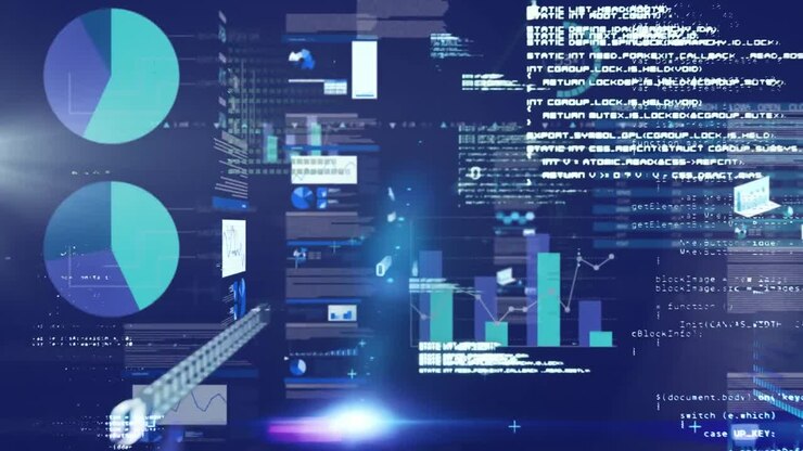 Animation of stock market reading data processing and statistics recording on glowing blue backgroun