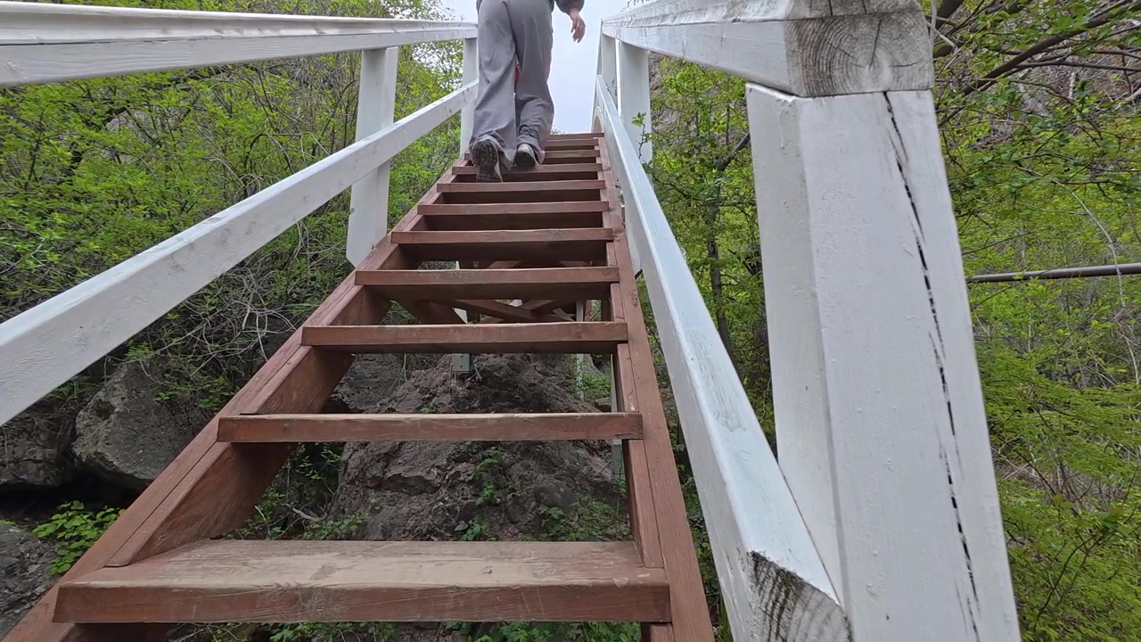 A person ascends a wooden ladder affixed to a bridge's exterior. The scene conveys determination and a sense of upward progress.