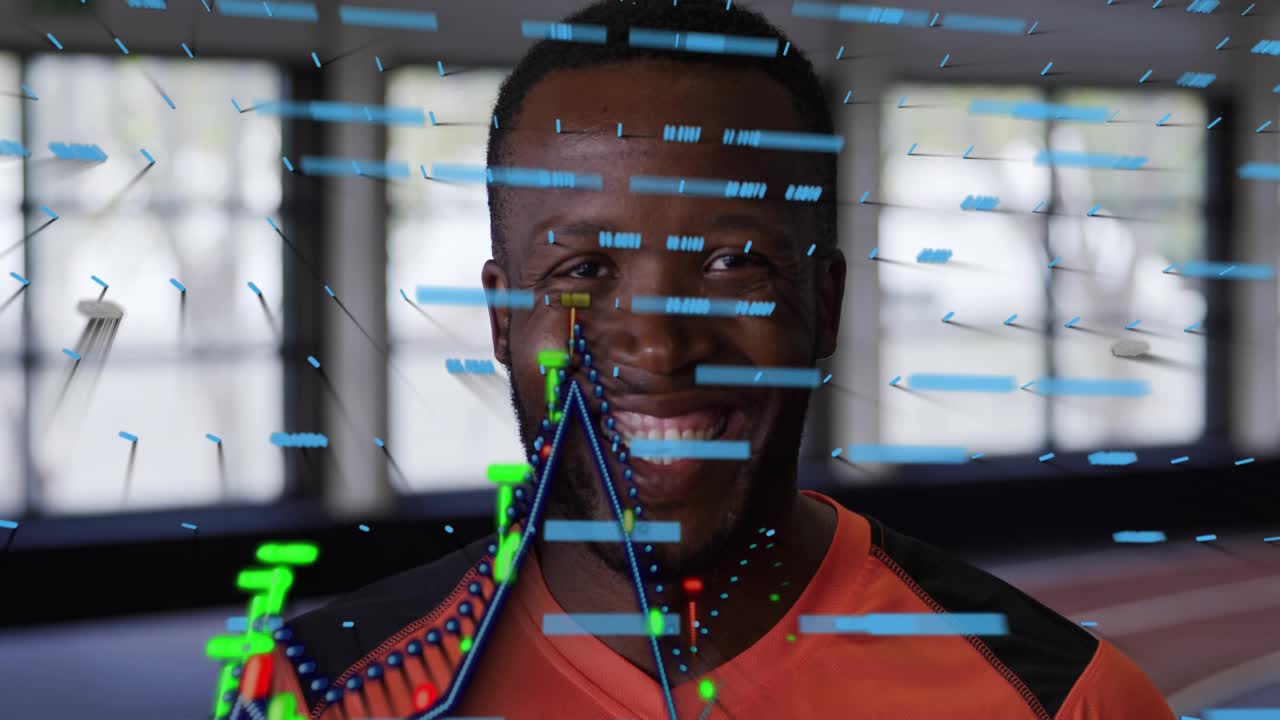 Blue data bars appearing, nodes rising into 3D peaks, man standing smiling, charts showing progress