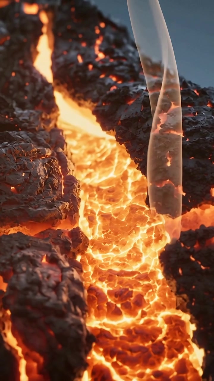 Video verticale: Telecamera in discesa che documenta una fessura vulcanica, rivelando magma incandescente e vapore.