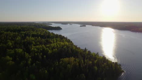 Luftaufnahme-über-Frühlingsfarbenwald,-In-Den-Schären-Von-Schweden---Neigung,-Drohnenaufnahme