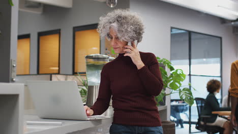 mature businesswoman on phone working on laptop in kitchen area of busy modern office