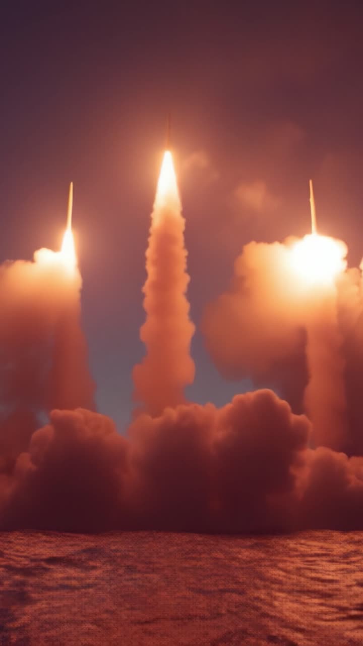 An Awe-Inspiring Display of Power as Three Rockets Ignite Their Engines, Soaring Towards the Sky in a Majestic Launch Over Water, Leaving a Trail of Smoke in Their Wake
