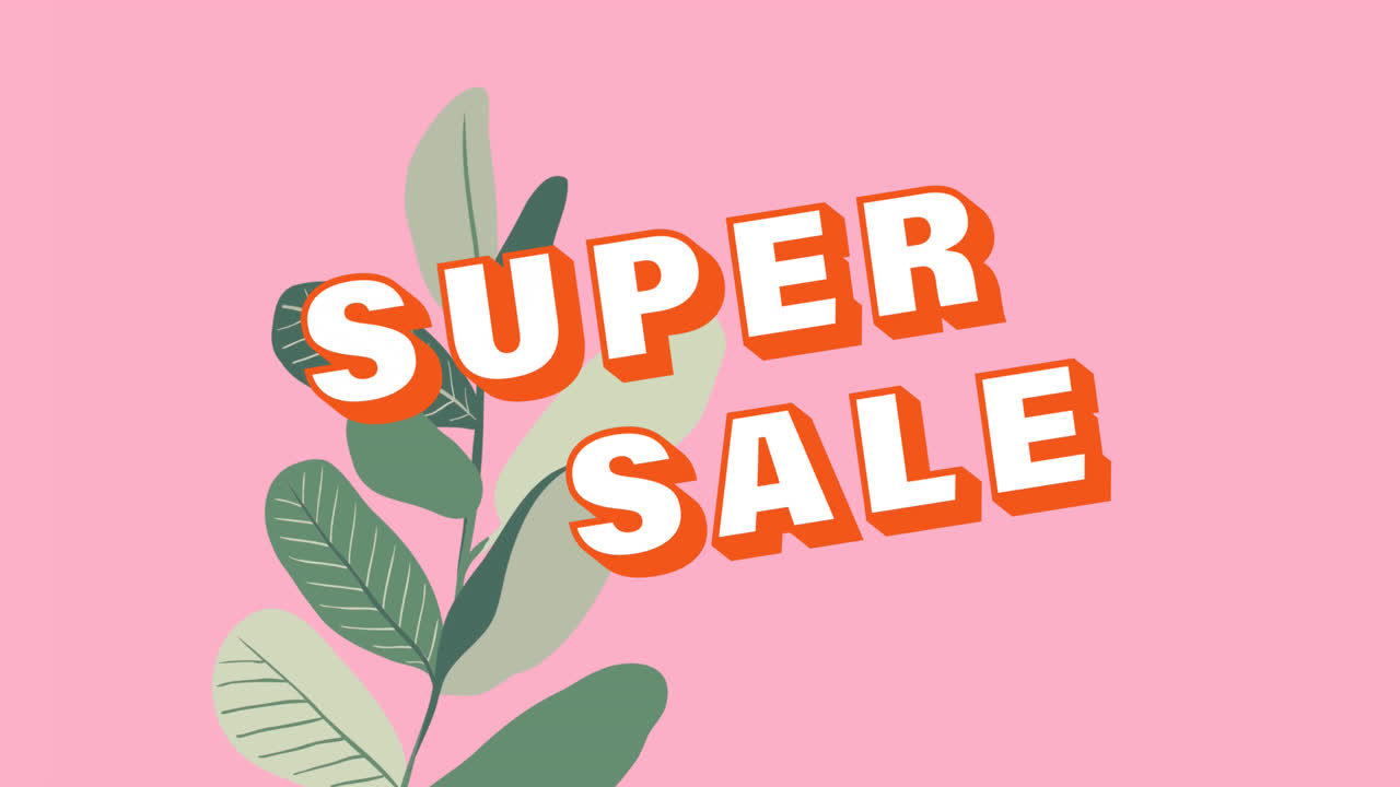 animación de texto de super venta sobre flores en fondo rosado