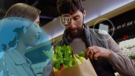 animation of data processing with icons over caucasian couple grocery shopping