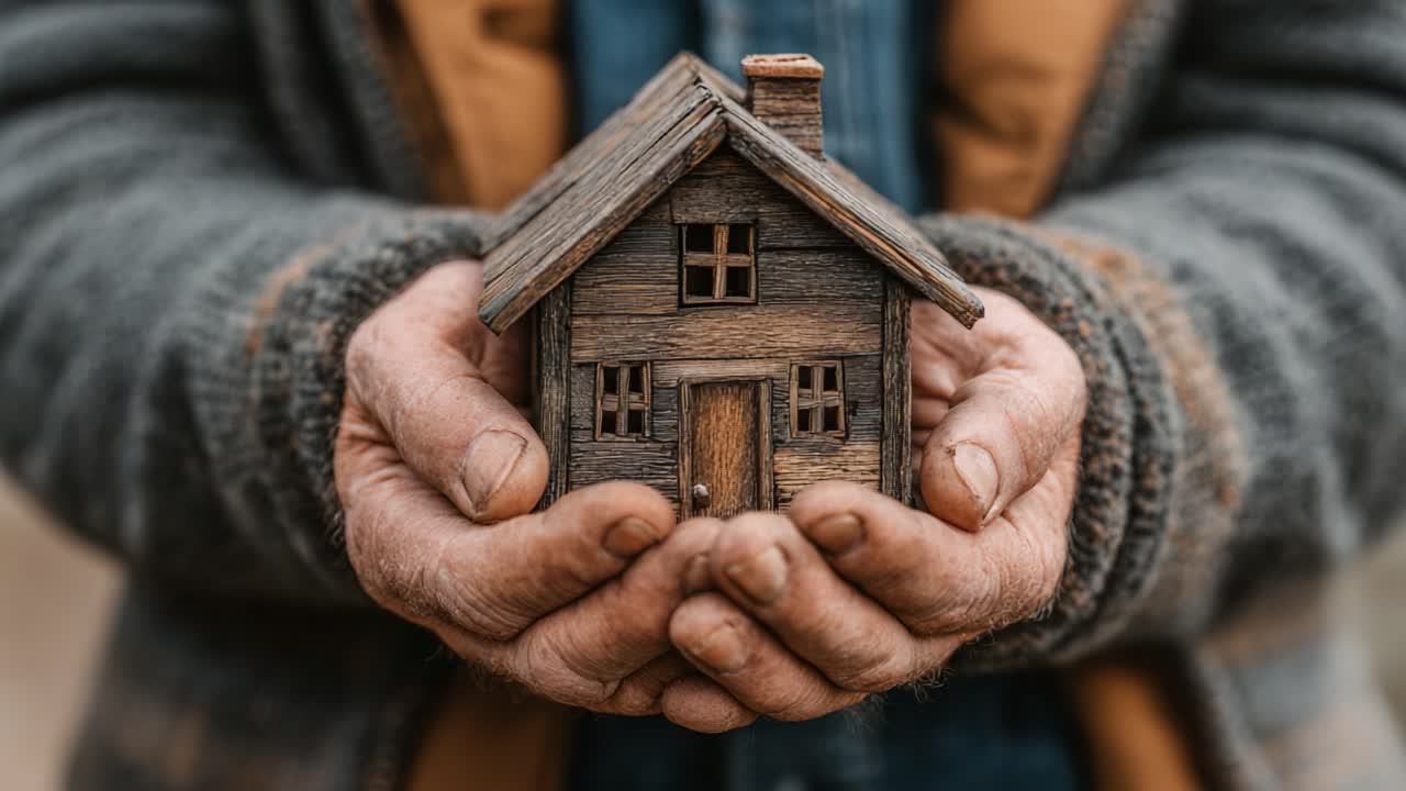 Een persoon koestert een prachtig vervaardigd miniatuur houten huis, waarmee vakmanschap en warmte worden getoond, en dat symbool staat voor thuis en verbondenheid met een rustieke toets