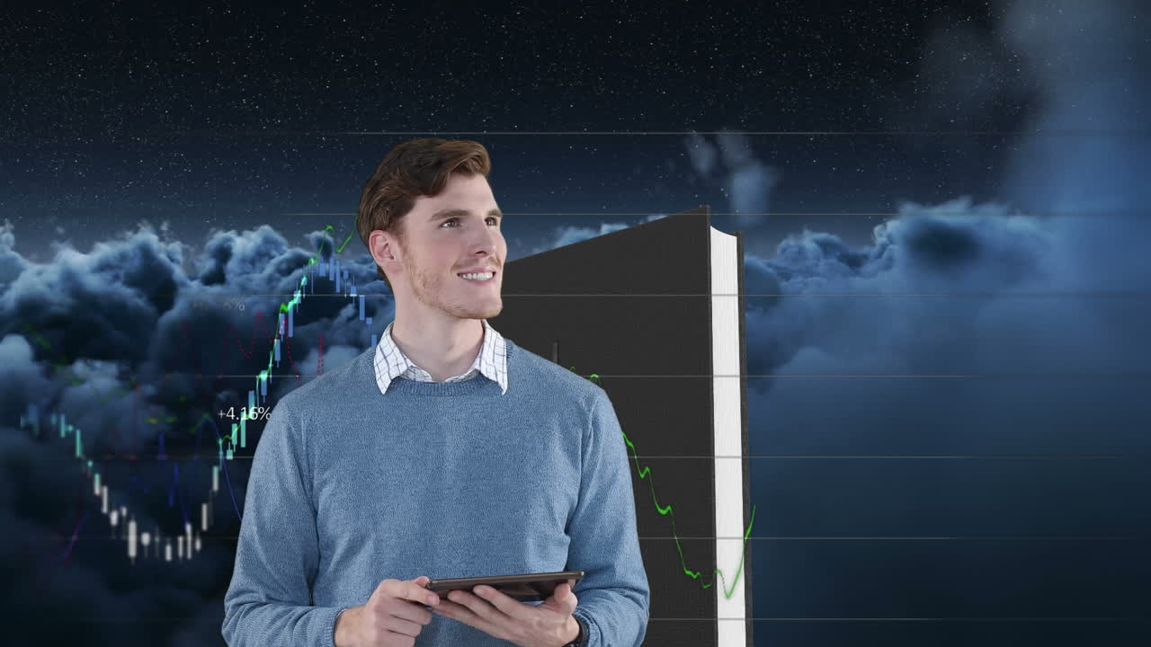 animación de un hombre de negocios caucásico usando tableta, servidor de computadora y procesamiento de datos en nubes