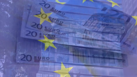 animation of flag of eu and euro banknotes over cityscape