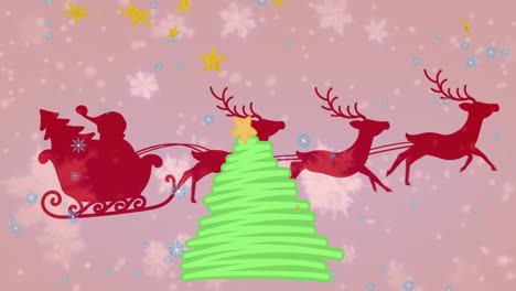 Animation-of-christmas-tree,-santa-claus-in-sleigh-and-snow-falling-over-winter-scenery