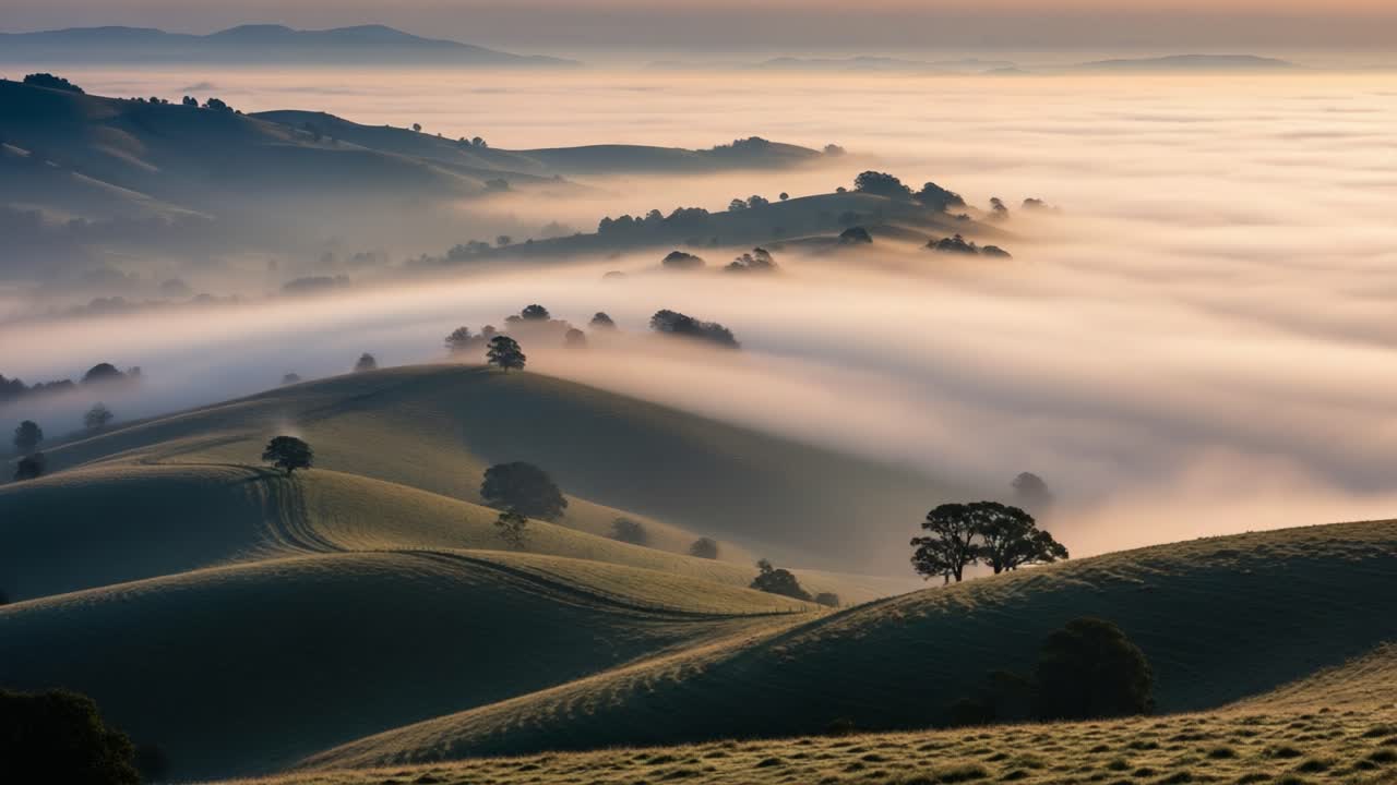A breathtaking panorama of rolling hills shrouded in morning fog, capturing the serene beauty of nature at dawn with mist swirling around the landscape