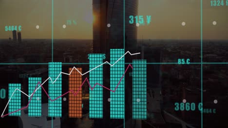 Animation-Von-Diagrammen-Mit-Wechselnden-Zahlen-Und-Währungssymbolen-über-Einer-Luftaufnahme-Einer-Modernen-Stadt