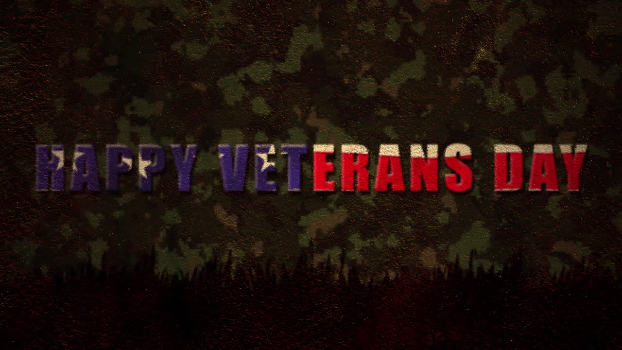 Digitally generated video of Happy Veterans Day text against camouflage background