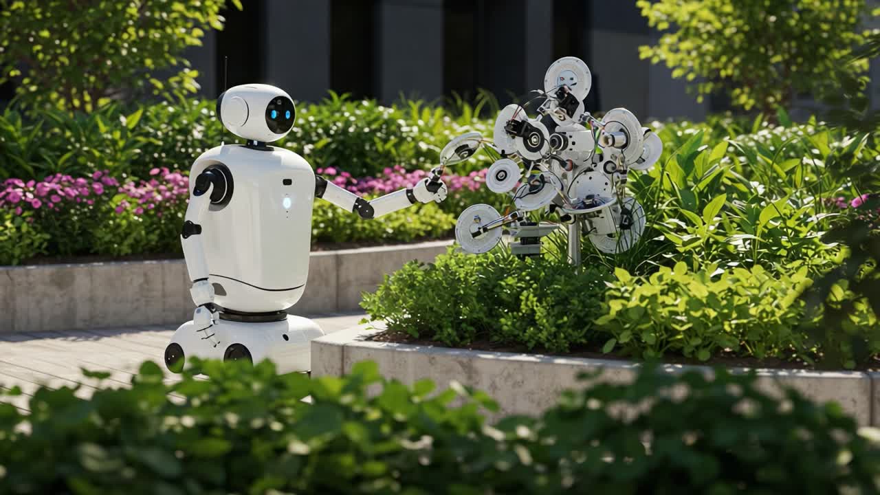 A Collaborative Moment between Two Robots in a Lush Garden Setting, Showcasing Innovation and Technology in Harmony with Nature's Beauty