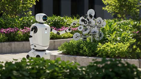 a collaborative moment between two robots in a lush garden setting, showcasing innovation and technology in harmony with nature's beauty