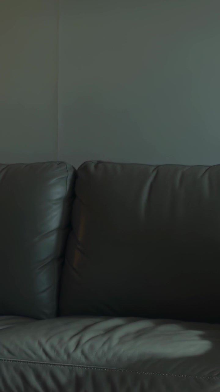 Vertikal video: Skiftende kamera centrerer en mørkegrå lædersofa derhjemme, en lysplet falmer