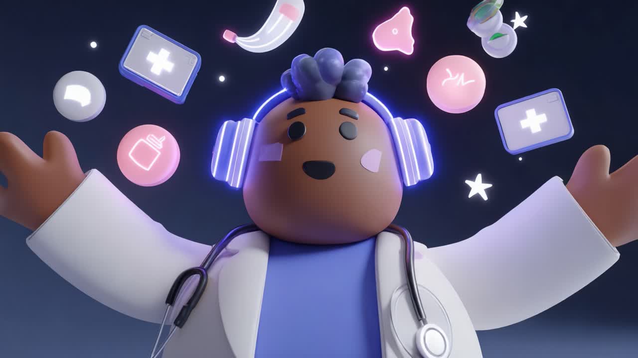 A cheerful animated character in a white coat and headphones, surrounded by vibrant healthcare icons, represents the intersection of technology and medicine in a playful, engaging manner