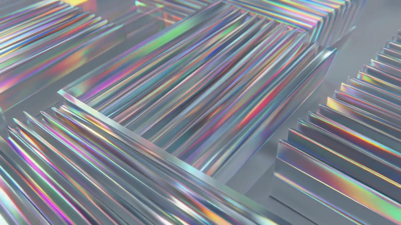 Animazione 3D astratta di prismi di vetro in movimento con rifrazione della luce arcobaleno.