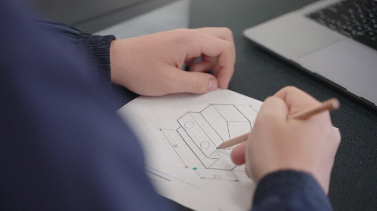 Close Up Of Student Hand Sketching 3D Model Design On Paper With Pencil, 4K