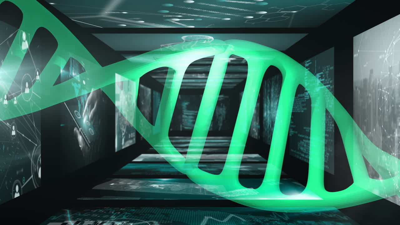 Animation of green DNA strand on digital screens showing scientific data in school
