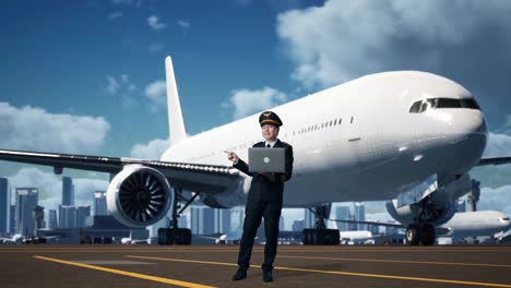 piloto con computadora portátil en el aeropuerto