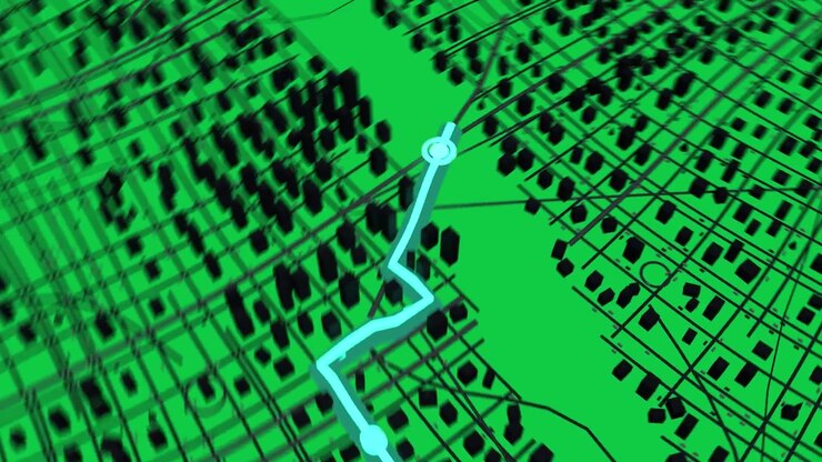 District activating, teal pin dropping pulsing, waypoint moving route for navigation on transparent