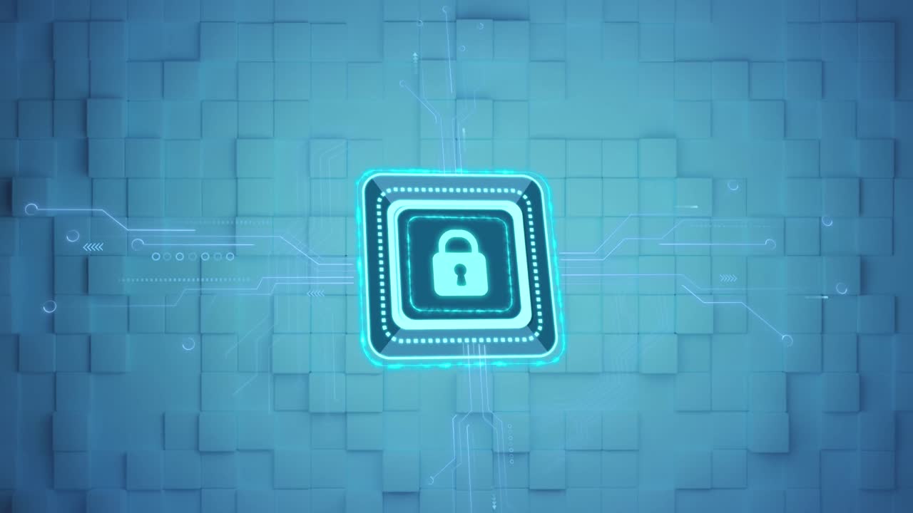 Animation of digital neon online security padlock flickering and green blocks moving in background