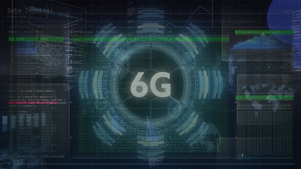 Animation of 6g text and glowing interface with charts and information moving on black background