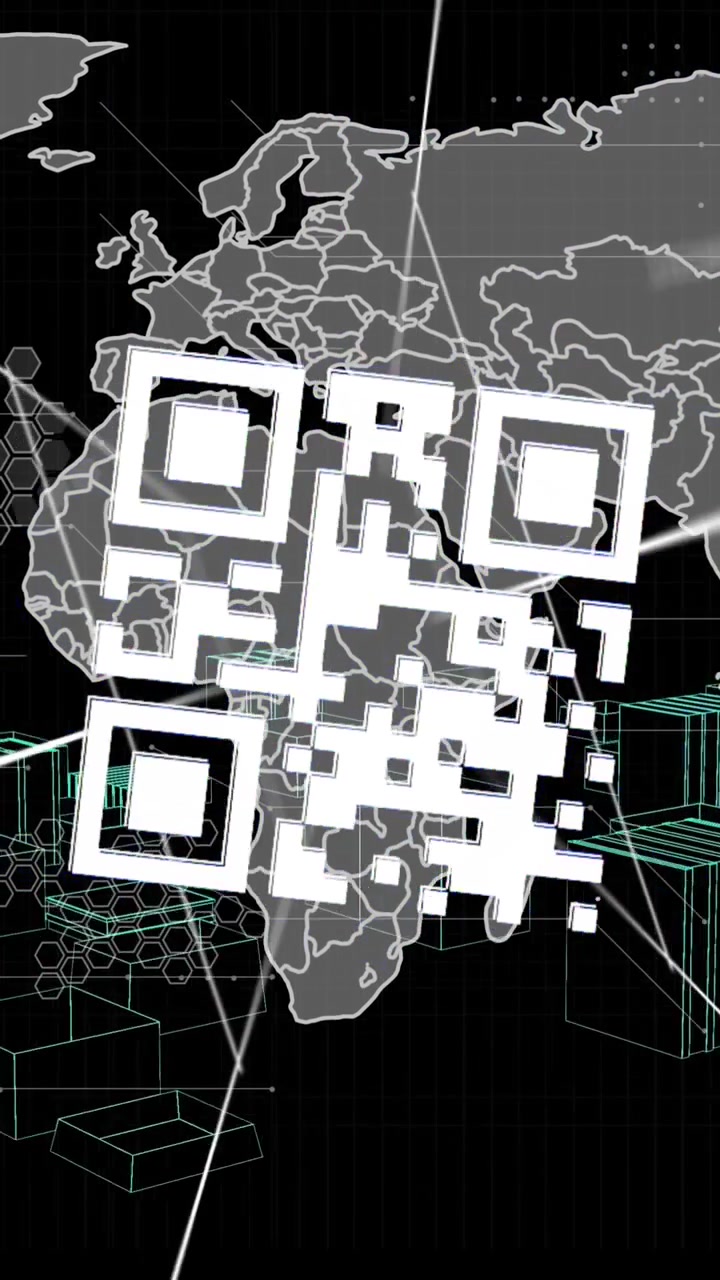 Animation of changing numbers over qr code and world map against spinning 3d city model
