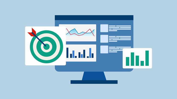Animated Computer Monitor Displaying Business Data Analytics and Target Goals