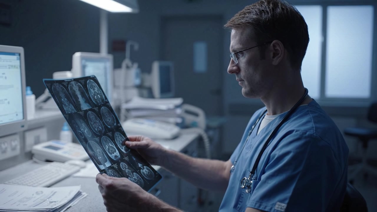 Un professionista sanitario che analizza scansioni cerebrali in un contesto clinico, evidenziando l'importanza della diagnostica per immagini nella diagnosi e nel trattamento delle condizioni neurologiche
