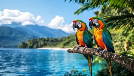 two colorful macaws perched on a branch overlooking a tropical ocean